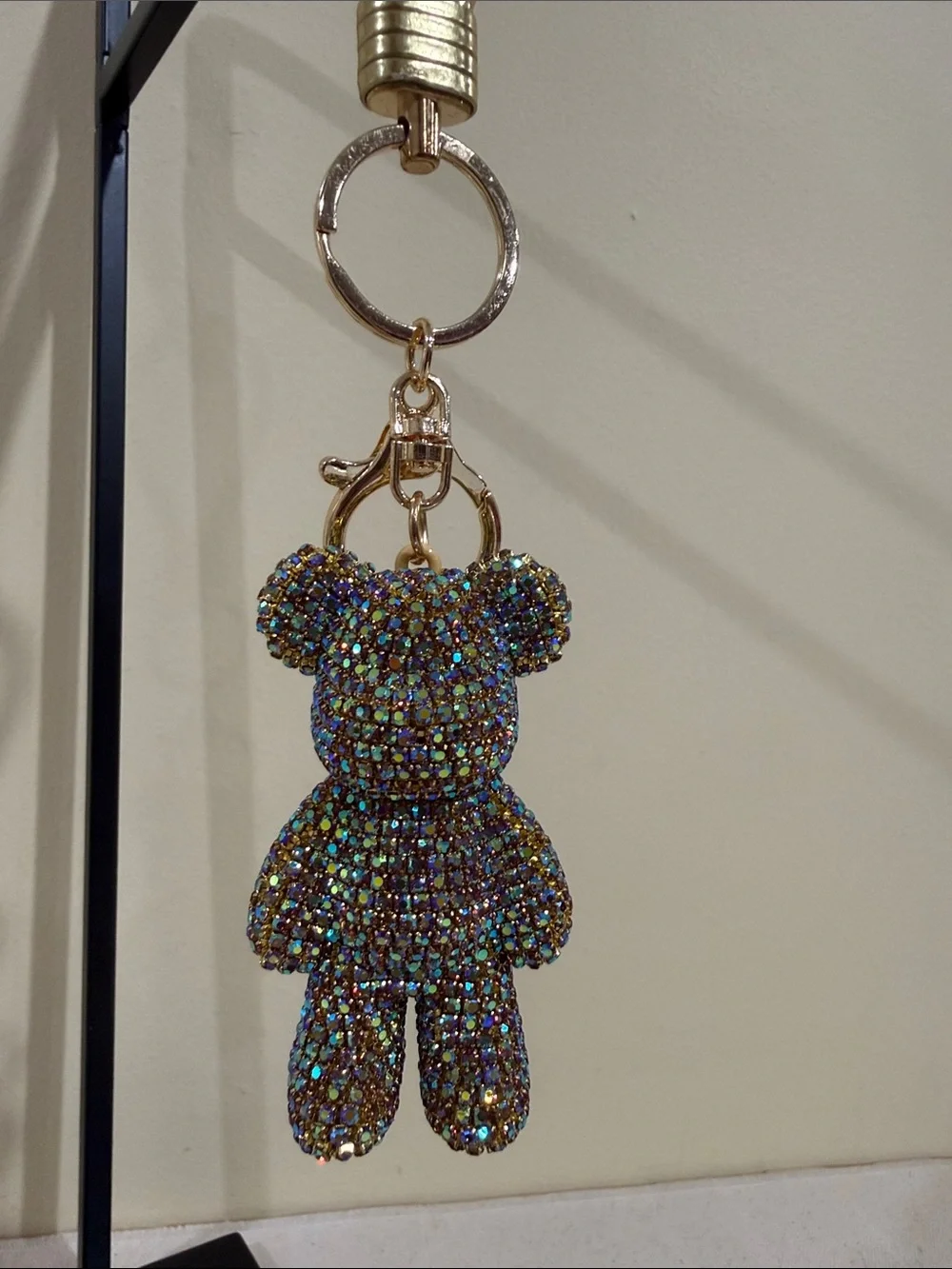 Sparkling Multicolor Teddy Bear Keychain Charm with Gold Hardware